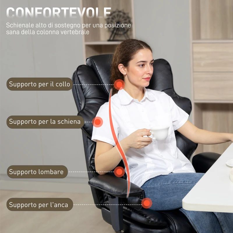 HOMCOM Sedia da Ufficio con Poggiapiedi e Poggiatesta, in Pelle PU, Schiuma e Metallo, 76x73x117-125 cm, Nero