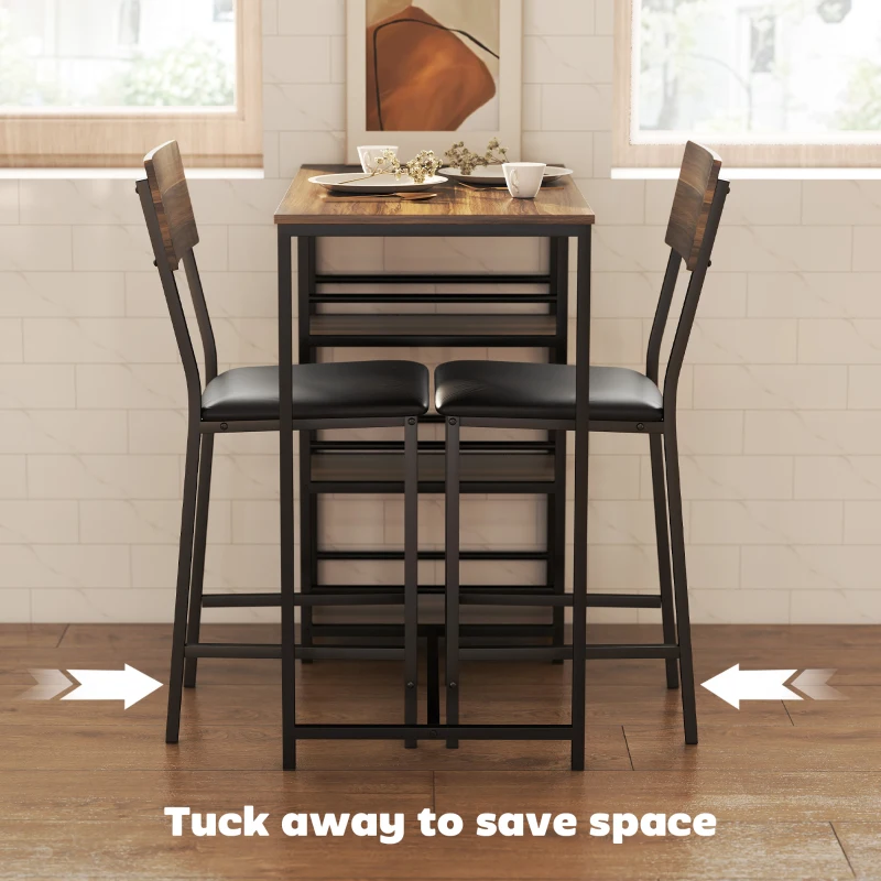 HOMCOM Masă de Bar cu 3 Rafturi și 2 Scaune cu Suport pentru Picioare și Spătar, din Lemn și Oțel, Negru și Nuc