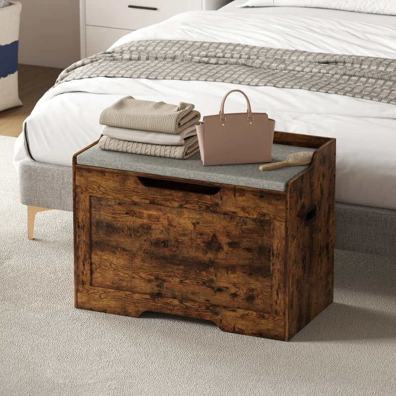 HOMCOM Panca Contenitore da 103L Multifunzione color Legno con Cuscino in Tessuto Grigio, 75x40x56 cm