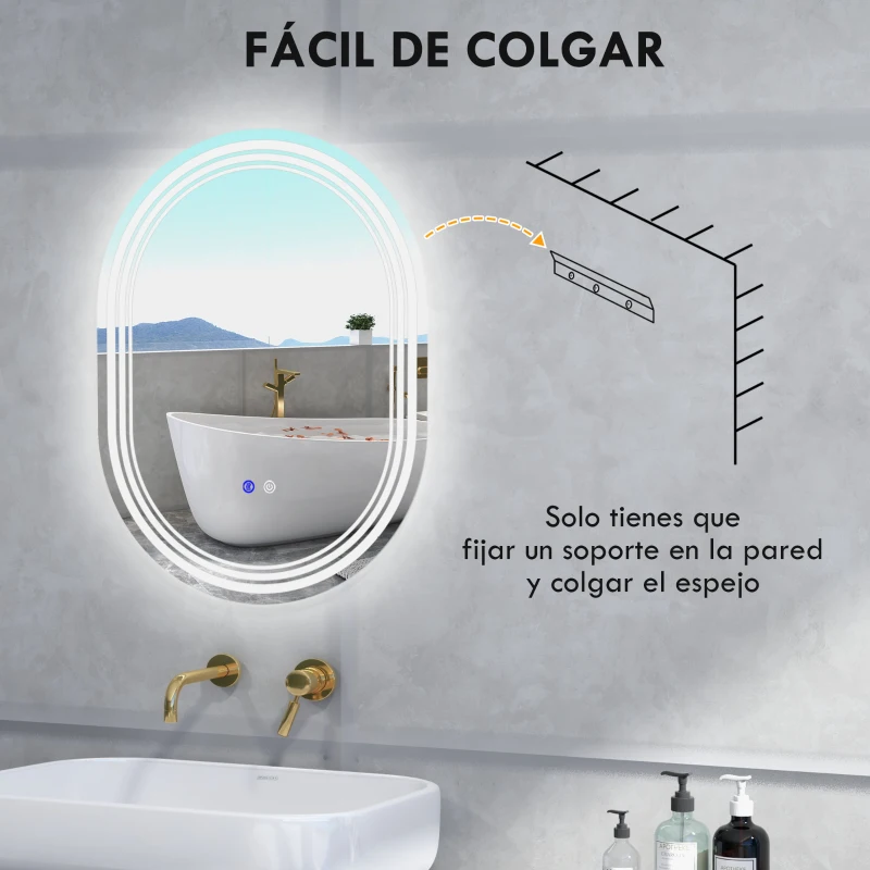 kleankin Oglindă Baie cu Lumină 70x50 cm 3 Culori de Lumină, Funcție Anti-abur, Funcție de Memorie, IP44, Orizontal/Vertical