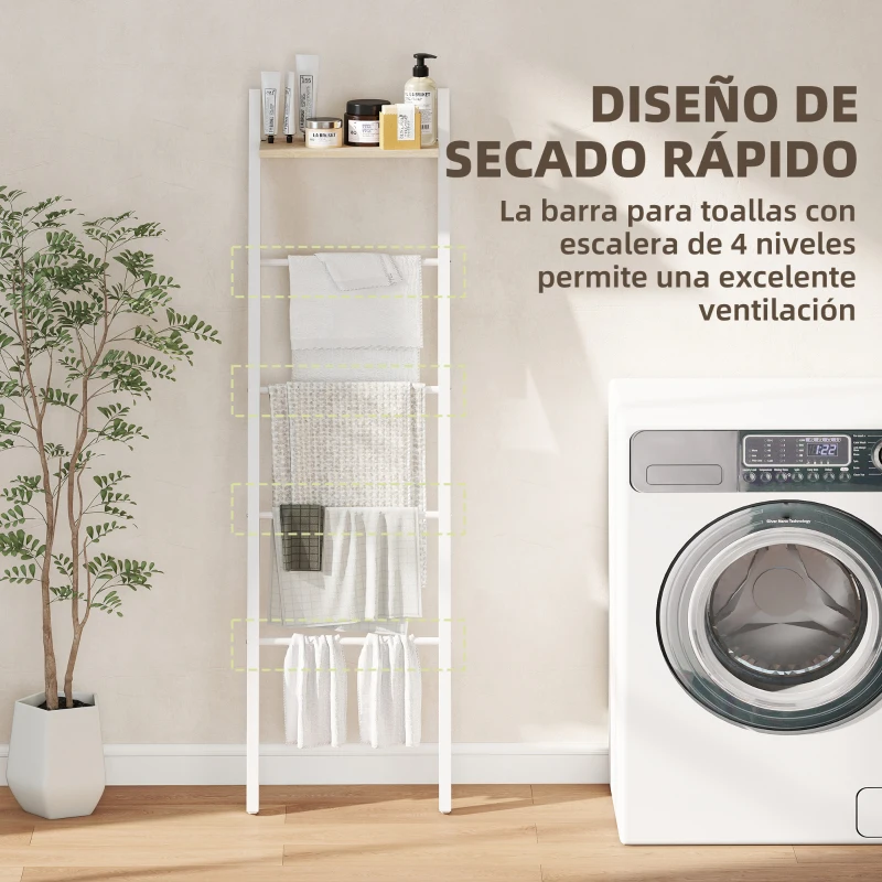 HOMCOM Toallero Escalera con Estante Superior y 4 Barras Toallero de Baño para Apoyar en Pared 43x20x151 cm Blanco y Roble
