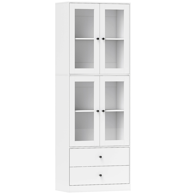 HOMCOM Buffet haut cuisine, armoire de cuisine avec portes vitrées, tiroirs et étagères réglables, 59x30x170cm, blanc brillant(m-12)