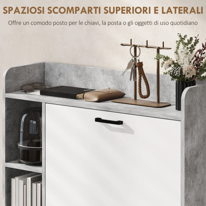 HOMCOM Scarpiera Slim con 2 Cassetti Ribaltabili e 3 Vani Aperti, Capacità 15 Scarpe, 83x24x90.5 cm, Grigio