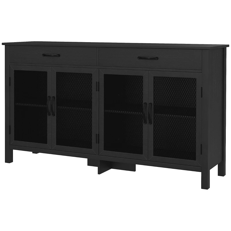 HOMCOM Bufet jos mobilier de depozitare 4 uși cu polițe reglabile și 2 sertare stil industrial 150 x 40 x 85 cm negru