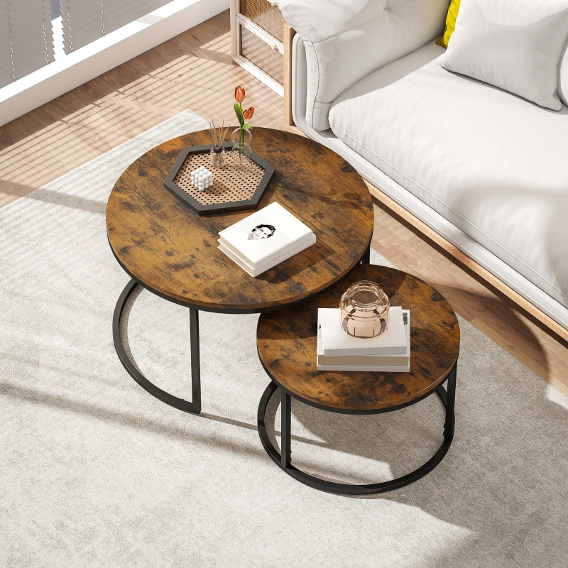 HOMCOM Set de 2 măsuțe nesting stivuibile design industrial blat cu aspect de ciment picioare din metal maro rustic