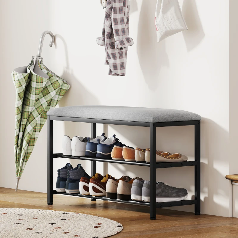 HOMCOM Bancă pentru pantofi cu șezut, bancă cu spațiu de depozitare, raft pentru pantofi cu 2 compartimente deschise, bancă 81 x 31 x 50 cm Negru