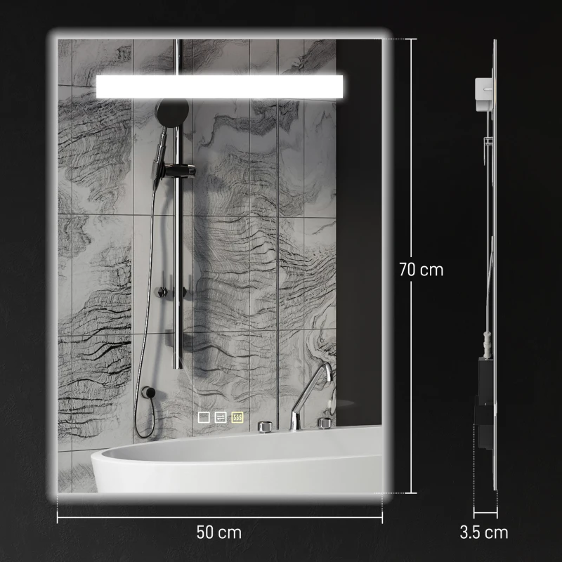 HOMCOM Oglindă de baie cu lumină LED 70x50 cm cu 3 culori de lumină, funcție anti-aburire, funcție memorie, IP44