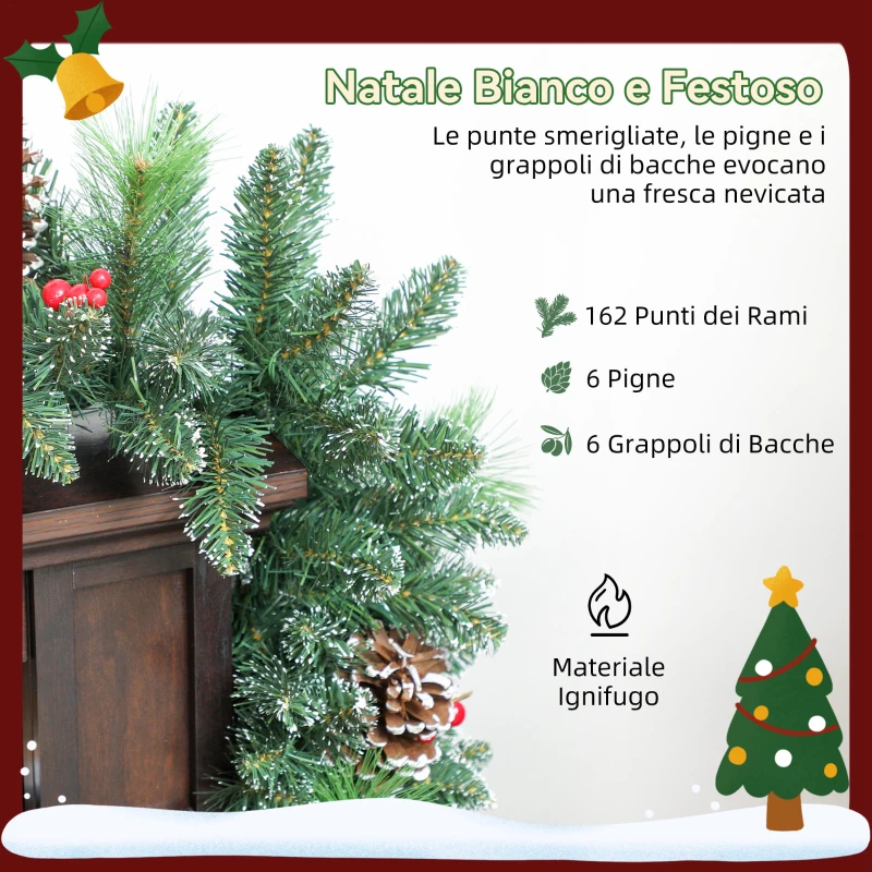 HOMCOM Ghirlanda Natalizia 180 cm con Rami Innevati e 30 Luci Bianche, Pigne e Bacche per Interni