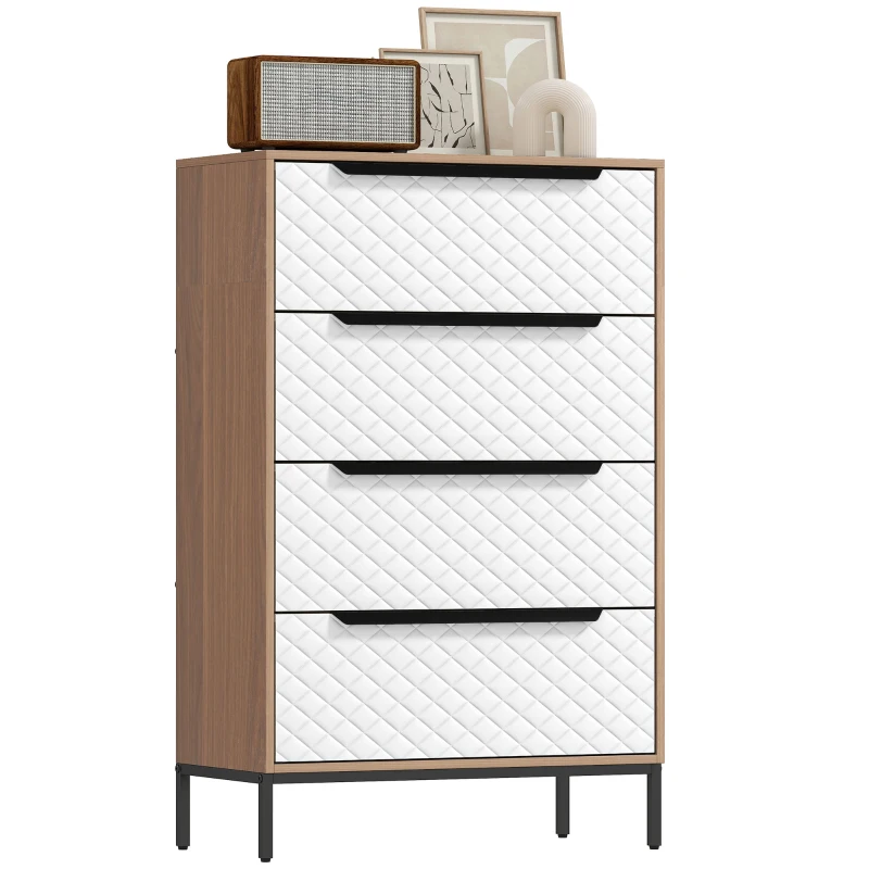 HOMCOM Commode avec 4 tiroirs en tissu Façades à motif diamant pour salon bureau dressing naturel et blanc