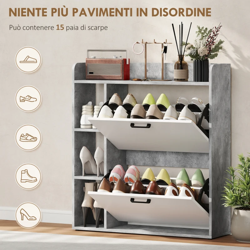 HOMCOM Scarpiera Slim con 2 Cassetti Ribaltabili e 3 Vani Aperti, Capacità 15 Scarpe, 83x24x90.5 cm, Grigio