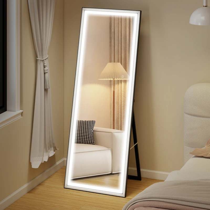 HOMCOM Espejo de Pie Cuerpo Entero con Luces 165x60 cm de Pie o de Pared 3 Temperaturas de Color Ajustables Blanco y Negro