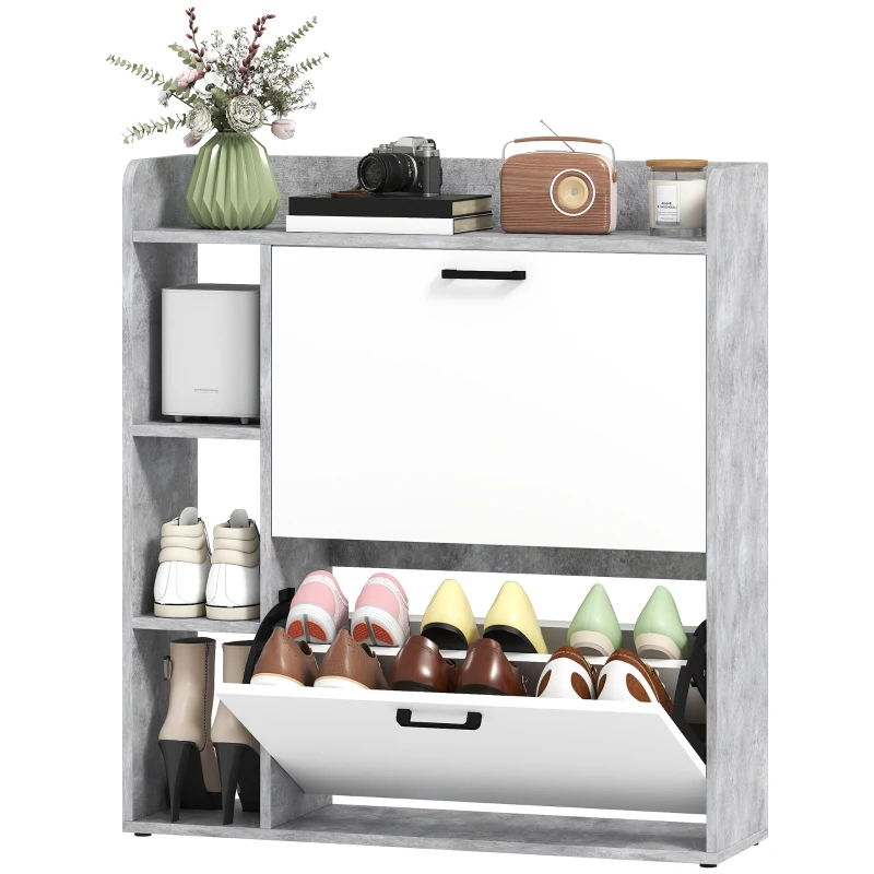 HOMCOM Scarpiera Slim con 2 Cassetti Ribaltabili e 3 Vani Aperti, Capacità 15 Scarpe, 83x24x90.5 cm, Grigio