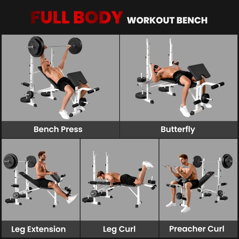 HOMCOM Ławka treningowa z podporą na sztangę, pressą klatki piersiowej, maszyną do nóg, podłokietnikiem do uginania bicepsów, stal, czarny+biały