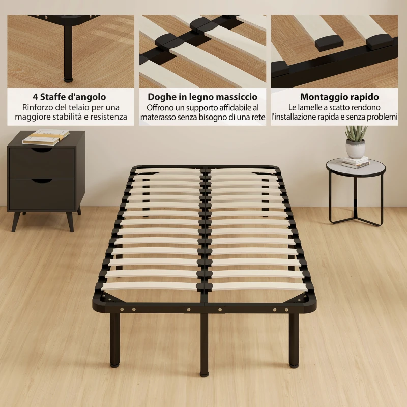 HOMCOM Struttura Letto Industriale a 28 Doghe con Spazio Contenitore, in Legno e Acciaio, 190x90x31 cm, Nero e Legno