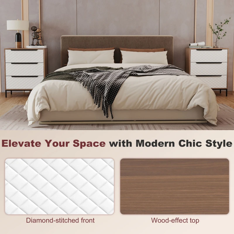 HOMCOM Cassettiera con 3 Cassetti in Tessuto con Motivo a Diamante, Legno Naturale e Bianco