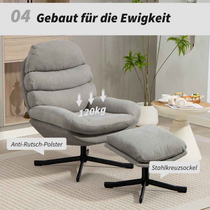 HOMCOM Fotel wypoczynkowy z podnóżkiem, fotel lounge z tkaniny chenille, nowoczesny fotel do oglądania TV, 78 x 93 x 100 cm, jasnoszary