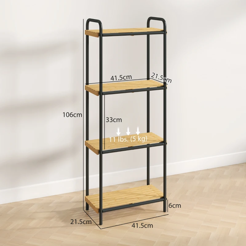 HOMCOM Etajeră baie etajeră de depozitare 4 niveluri îngustă autoportantă bambus 1,5 x 21,5 x 106 cm aspect lemn natural