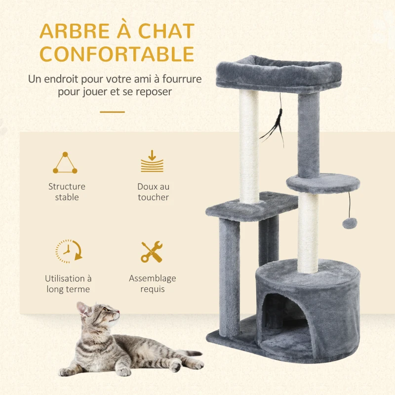 PawHut Arbre à chats avec griffoirs grattoirs sisal naturel centre d'activités niche plateformes 2 jouets suspendus gris