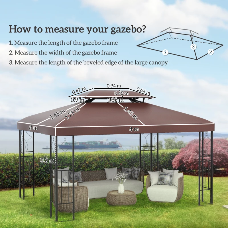 Outsunny 3x4m Gazebo Replacement Roof Canopy 2 Tier Top UV Cover Garden Patio Outdoor Sun Awning Shelters, Brown  (TOP COVER ONLY)