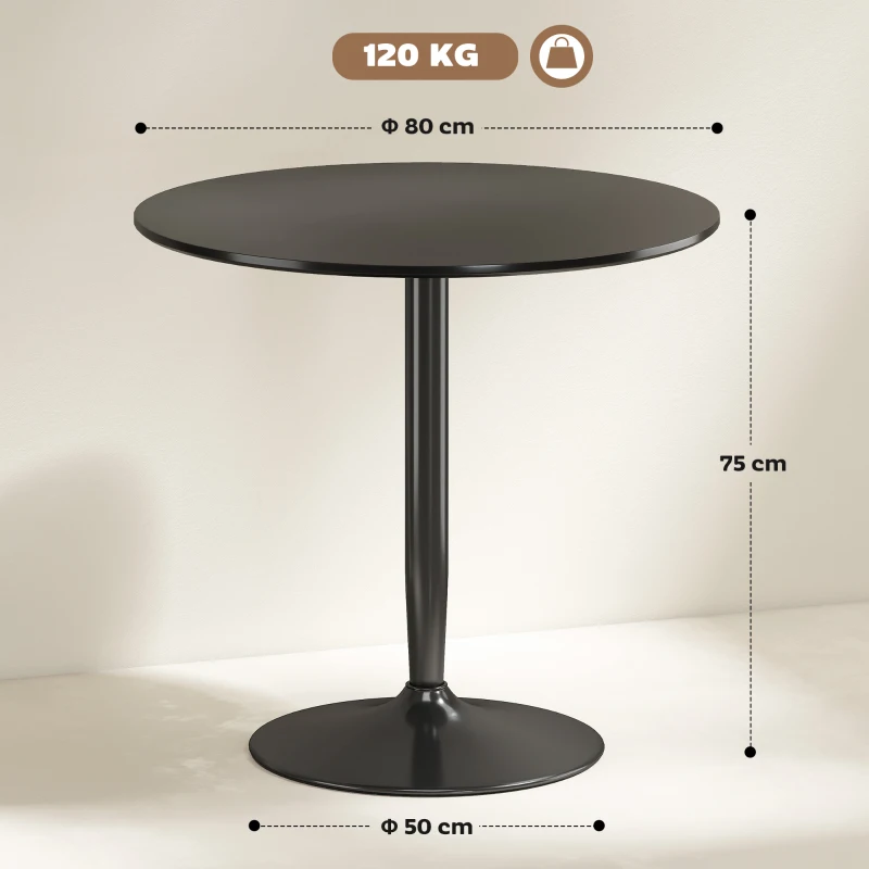 HOMCOM Masă pentru 2 persoane, blat rotund Ø80 cm, MDF și oțel, antiderapant, Negru, 75H cm