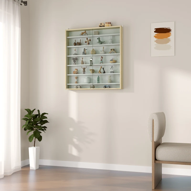 HOMCOM Vitrină pentru colecții vitrină de perete 80 x 9,5 x 83 cm 6 rafturi reglabile pe înălțime 2 uși glisante din sticlă