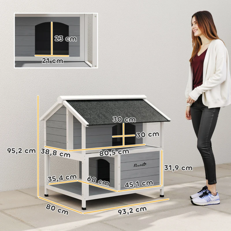 PawHut Outdoor-Katzenhaus, Katzenzuflucht für den Außenbereich, wasserfest, aufklappbares Dach, Fichtenholz, 80 x 93 x 95, Grau