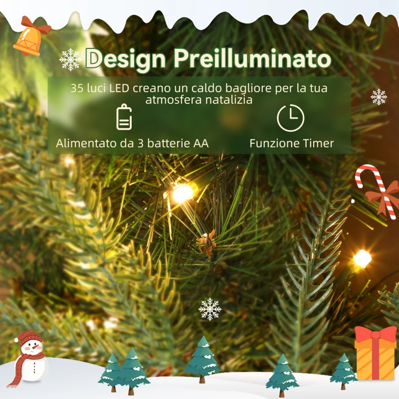 HOMCOM Ghirlanda Natalizia da 60 cm con Luci LED Bianche, Timer, Pigne, Bacche e Agrifoglio, Verde