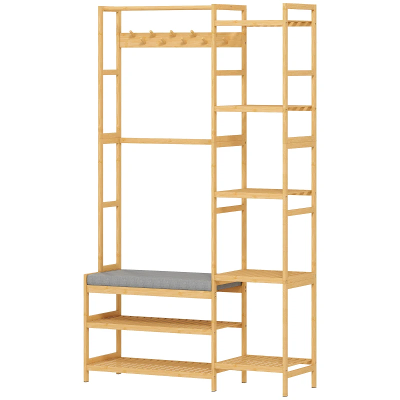 HOMCOM Porte-manteaux avec étagère à chaussures, crochets, porte-manteaux, banc avec coussin, pour couloir, entrée, bois naturel