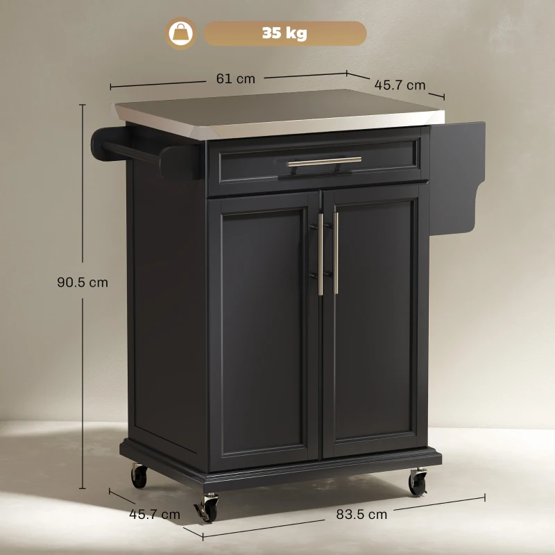 Homcom Mobiletto Carrello da Cucina con Piano in Acciaio, Nero, 83.5x45.7x90.5cm