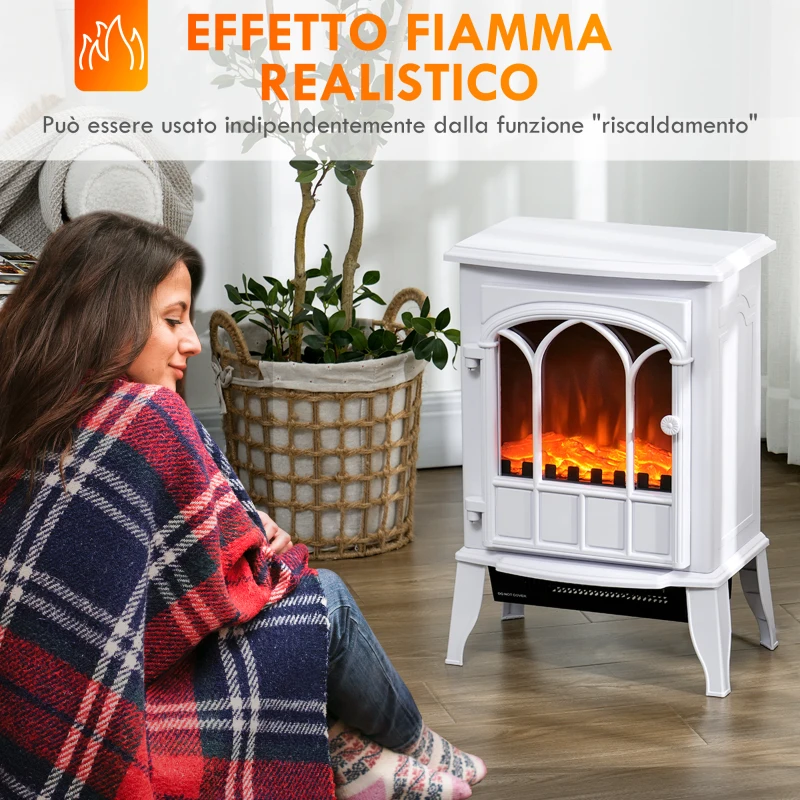 HOMCOM Camino da Terra Elettrico Potenza 1000W / 2000W con Effetto Fiamma Regolabile, 39x23x56.5cm, Bianco