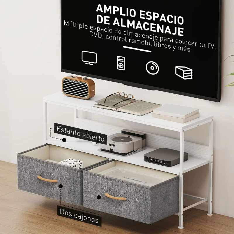 HOMCOM Mueble de TV con Estante y 2 Cajones de Tela Plegables para Televisores hasta 47 Pulgadas Largo de 98 cm Blanco y Gris