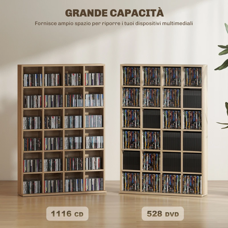 HOMCOM Mobile Porta CD con Ripiani Regolabili per 456 CD o 336 DVD, 24 Scomparti, 89x20x130.5 cm, Legno
