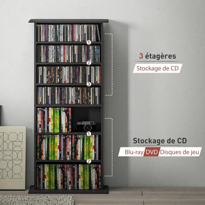 HOMCOM Rangements pour CD et DVD avec 8 compartiments et 6 étagères réglables, capacité max. 360 CD/185 DVD et Blu-ray, noir