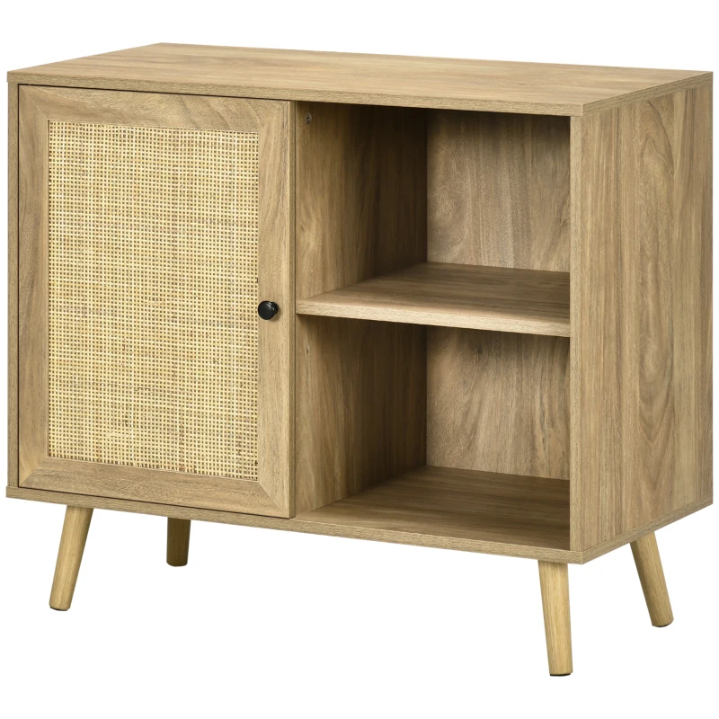 HOMCOM Bufet Mobilier Auxiliar de Bucătărie cu Ușă din Ratan și 2 Rafturi de Depozitare pentru Living 80x39x70 cm Natural