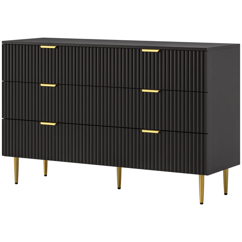 HOMCOM Comodă 6 sertare comodă dormitor mobilier de depozitare modern cu mânere și picioare aurii, 120 x 40 x 76,5 cm, negru