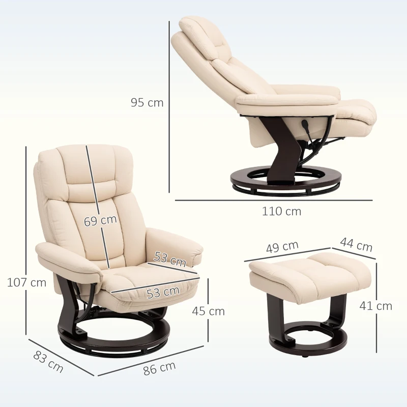 HOMCOM Fauteuil salon avec repose-pieds, chaise pivotante en PU, dossier inclinable, assise rembourrée, 86 x 83 x 107 cm, crème