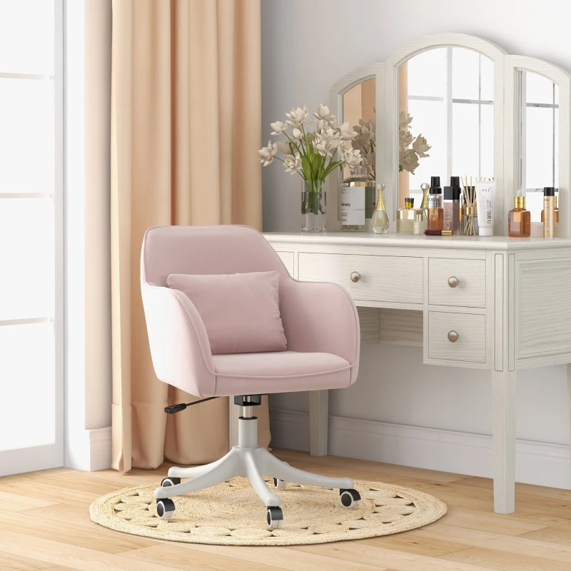 Vinsetto Velvet Office Chair, Desk Chair, Makeup Vanity Chair with Massage Lumbar Pillow and Rolling Wheels for Bedroom and Home, Pink