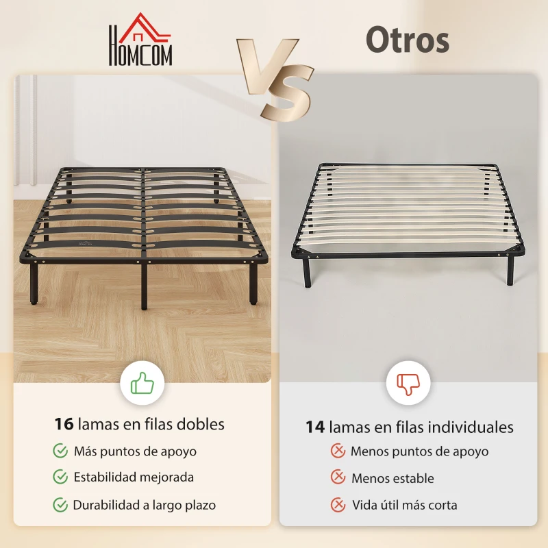 HOMCOM Estructura de Cama 160x200 cm con Marco de Acero Láminas de Álamo y Espacio de Almacenamiento Carga 350 kg Negro