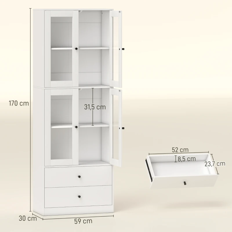 HOMCOM Buffet haut cuisine, armoire de cuisine avec portes vitrées, tiroirs et étagères réglables, 59x30x170cm, blanc brillant(m-3)