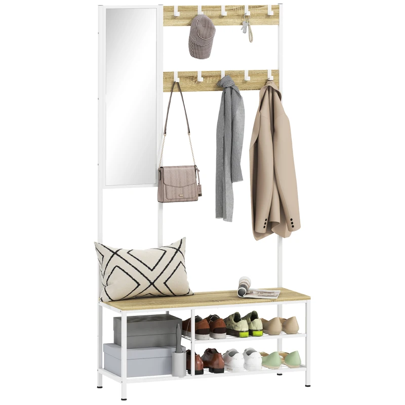 HOMCOM Porte-chaussures avec miroir 3 étagères banc 10 crochets réglables style moderne pour couloir 98x34x186 cm naturel