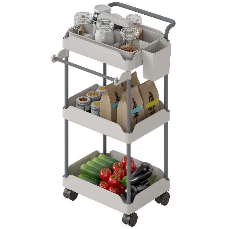 HOMCOM Carrello da Cucina con Ruote a 3 Livelli, con Cesti Esraibili e Porta Asciugamani Grigio