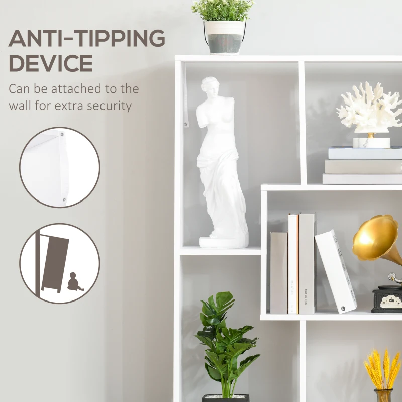 HOMCOM 8-Tier Freestanding Bookcase w/ Melamine Surface Anti-Tipping Foot Pads Home Display Storage Grid Stand Bedroom Living Room Furniture Modern Style - White