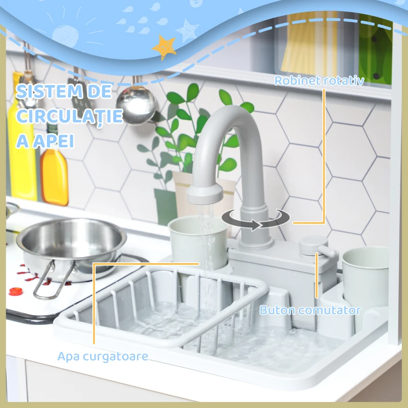 AIYAPLAY Set de Bucătărie de Jucărie din Lemn cu Aragaz cu Lumini și Sunete, Chiuvetă cu Circulație a Apei și Accesorii, Alb