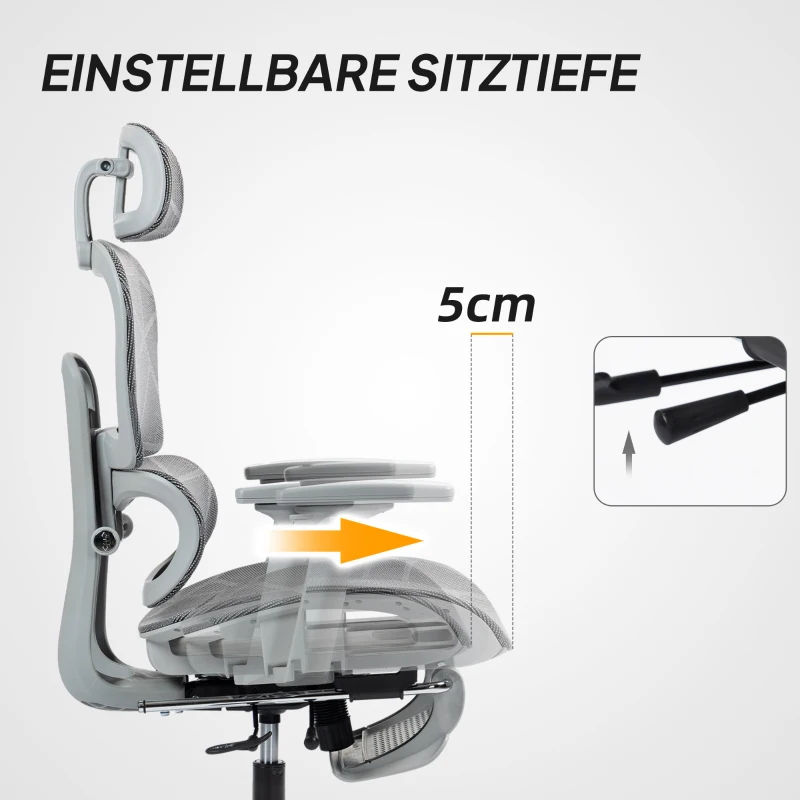 HOMCOM Bürostuhl, Ergonomischer Schreibtischstuhl mit Netzstoffbezug, verstellbar, rollbar, mit Armlehnen, Kopfstütze, Grau