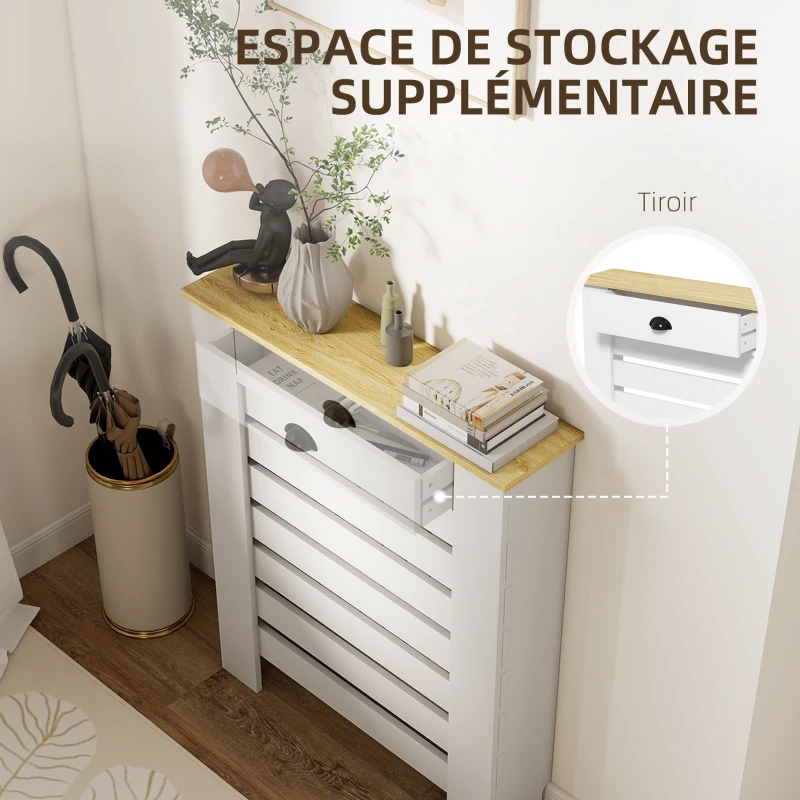 HOMCOM Couvercle de radiateur cache radiateur grille à lattes horizontales avec 2 tiroirs en bois 78l x 19P x 95,5H cm blanc