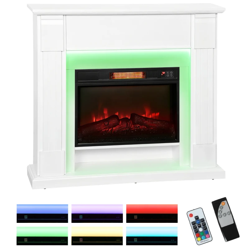 HOMCOM Șemineu Electric Empotrable cu Efect de Flacără 3D Bandă LED RGB 1800W Temporizator Termostat Alb