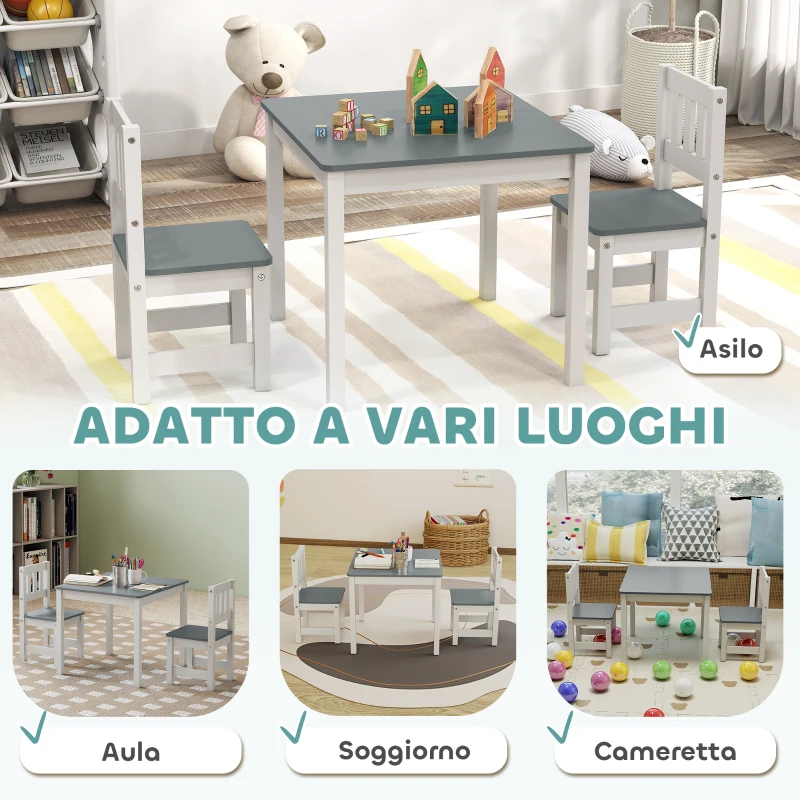 AIYAPLAY Set Tavolo e Sedie per Bambini da 3-8 Anni 3 pz in Legno con Bordi Arrotondati, Grigio e Bianco