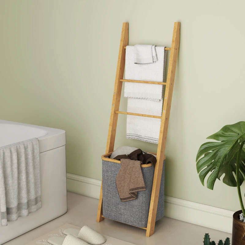 HOMCOM Suport prosoape din bambus cu coș de rufe, scară suport pentru prosoape cu 1 coș de rufe, 43 x 35 x 133 cm, gri