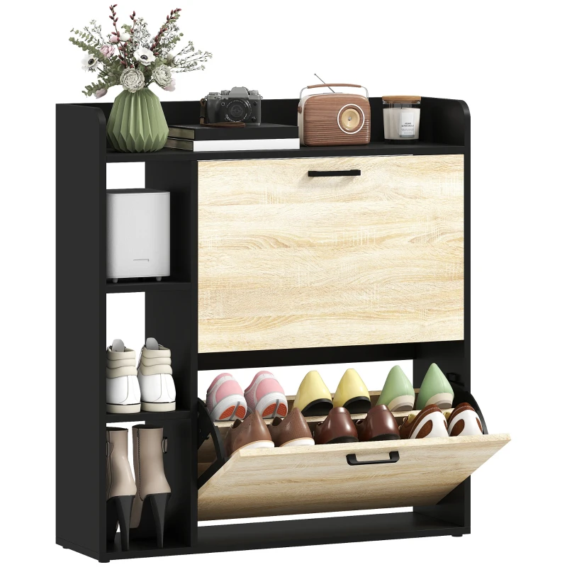 HOMCOM Scarpiera Slim con 2 Cassetti Ribaltabili e 3 Vani Aperti, Capacità 15 Scarpe, 83x24x90.5 cm, Nero