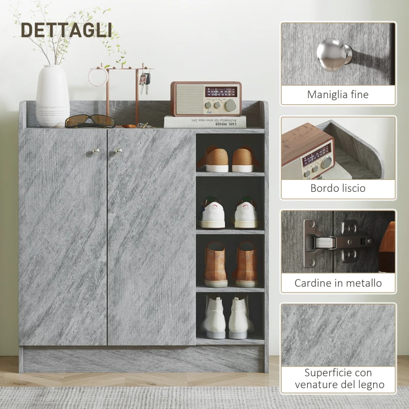 HOMCOM Scarpiera Moderna in Legno con 4 Ripiani Aperti e Armadietto per 12 Paia,, 83x30x90 cm, Grigio Cemento